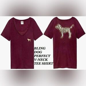 🎉 EUC VS PINK 🌟 BLING Perfect V Neck Shirt SEQUINS DOG Silver Gold Burgundy M